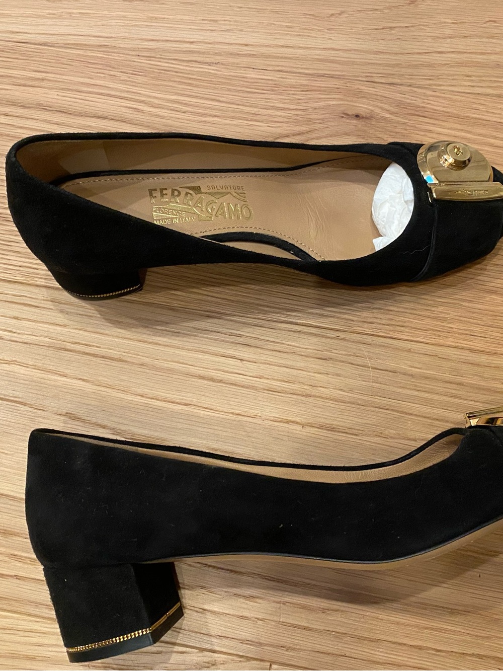 Salvatore Ferragamo Black Suede Block Heel Pumps with Gold Buckle